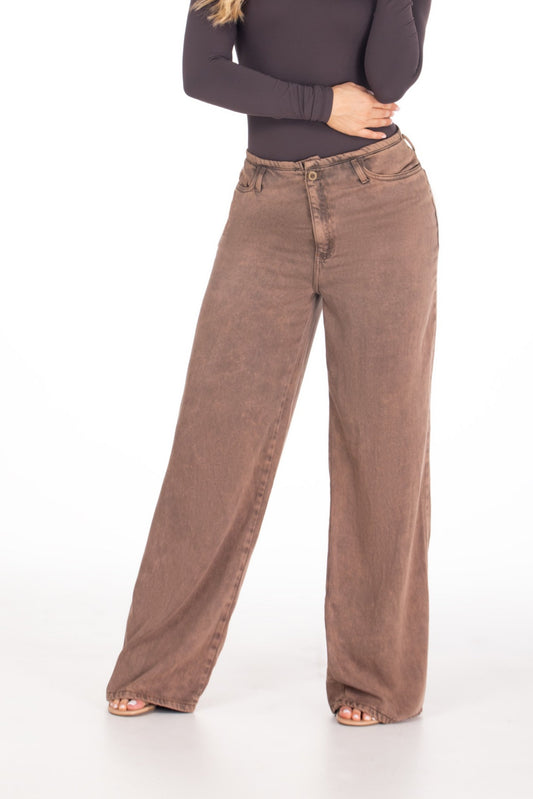 Jean Wide Leg Rígido Sin Pretina Café REF 125203