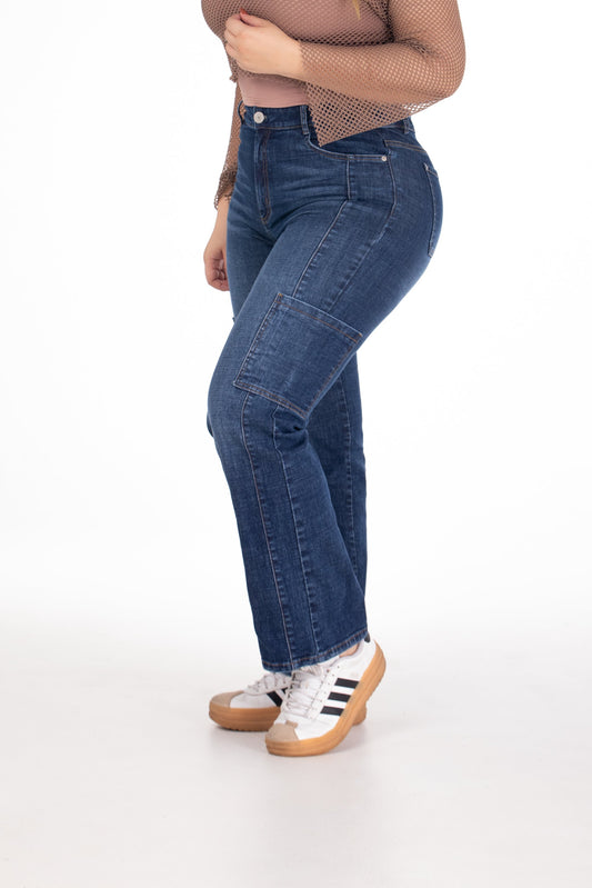 Jean Cargo con Corte Vertical Stretch Azul Oscuro REF 225205 Plus