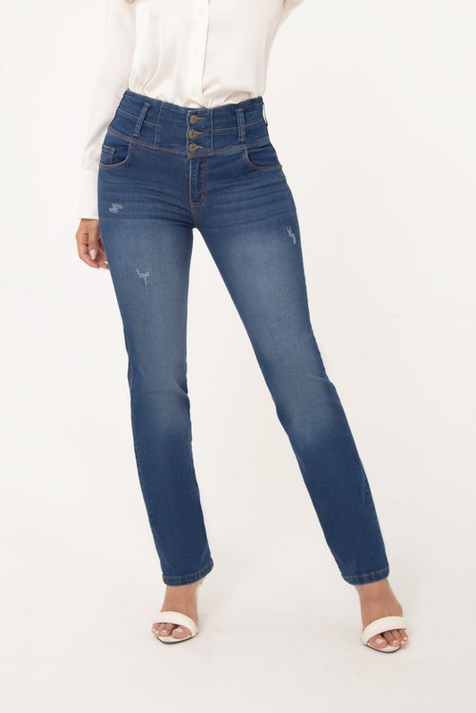 Jean Control Abdomen Bota Recta Stretch Azul Medio REF 14502