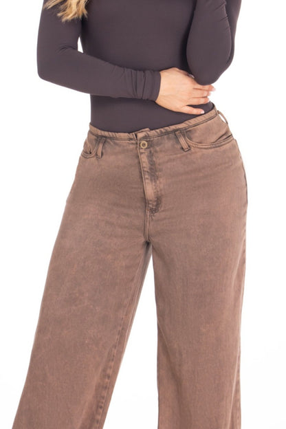 Jean Wide Leg Rígido Sin Pretina Café REF 125203