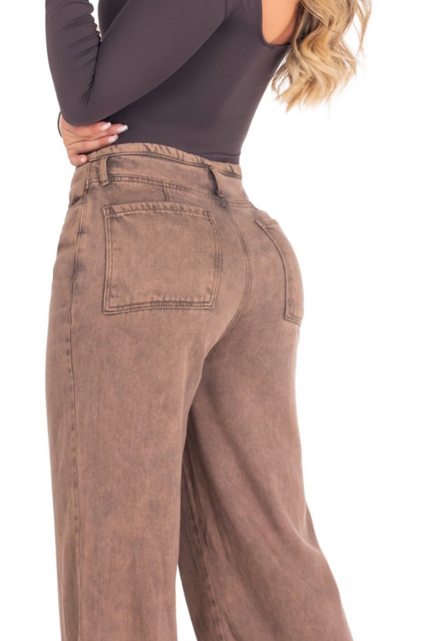 Jean Wide Leg Rígido Sin Pretina Café REF 125203