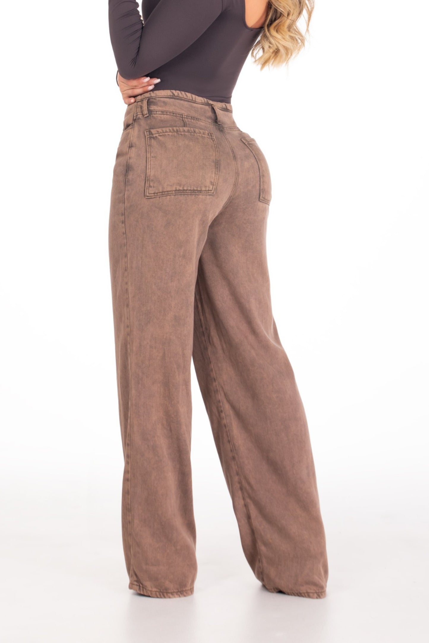 Jean Wide Leg Rígido Sin Pretina Café REF 125203