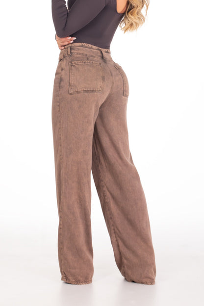 Jean Wide Leg Rígido Sin Pretina Café REF 125203