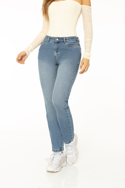 Jean Mom Fit Rígido Azul Medio