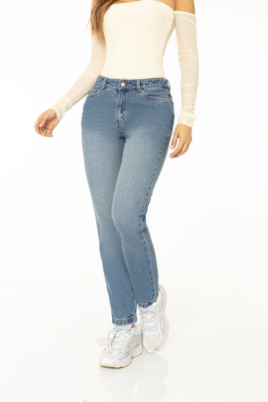 Jean Mom Fit Rígido Azul Medio