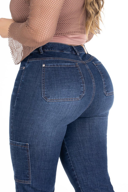 Jean Cargo con Corte Vertical Stretch Azul Oscuro REF 225205 Plus