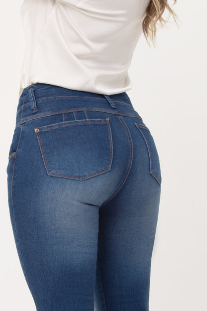 Jean Control Abdomen Bota Recta Stretch Azul Medio REF 14502