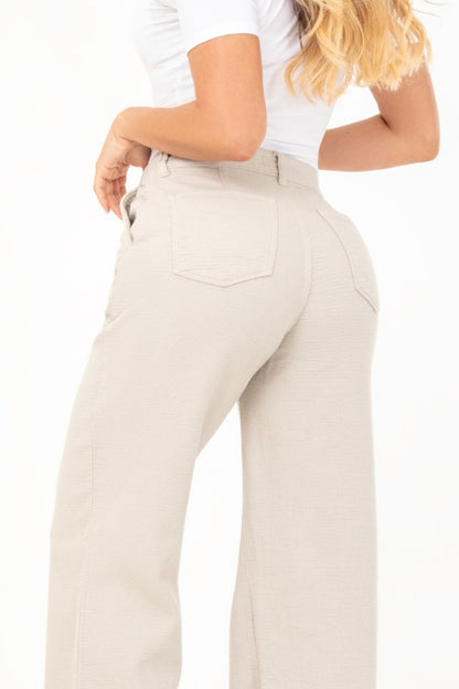 Jean Wide Leg Rígido con Textura Tipo Galleta Beige REF 125104