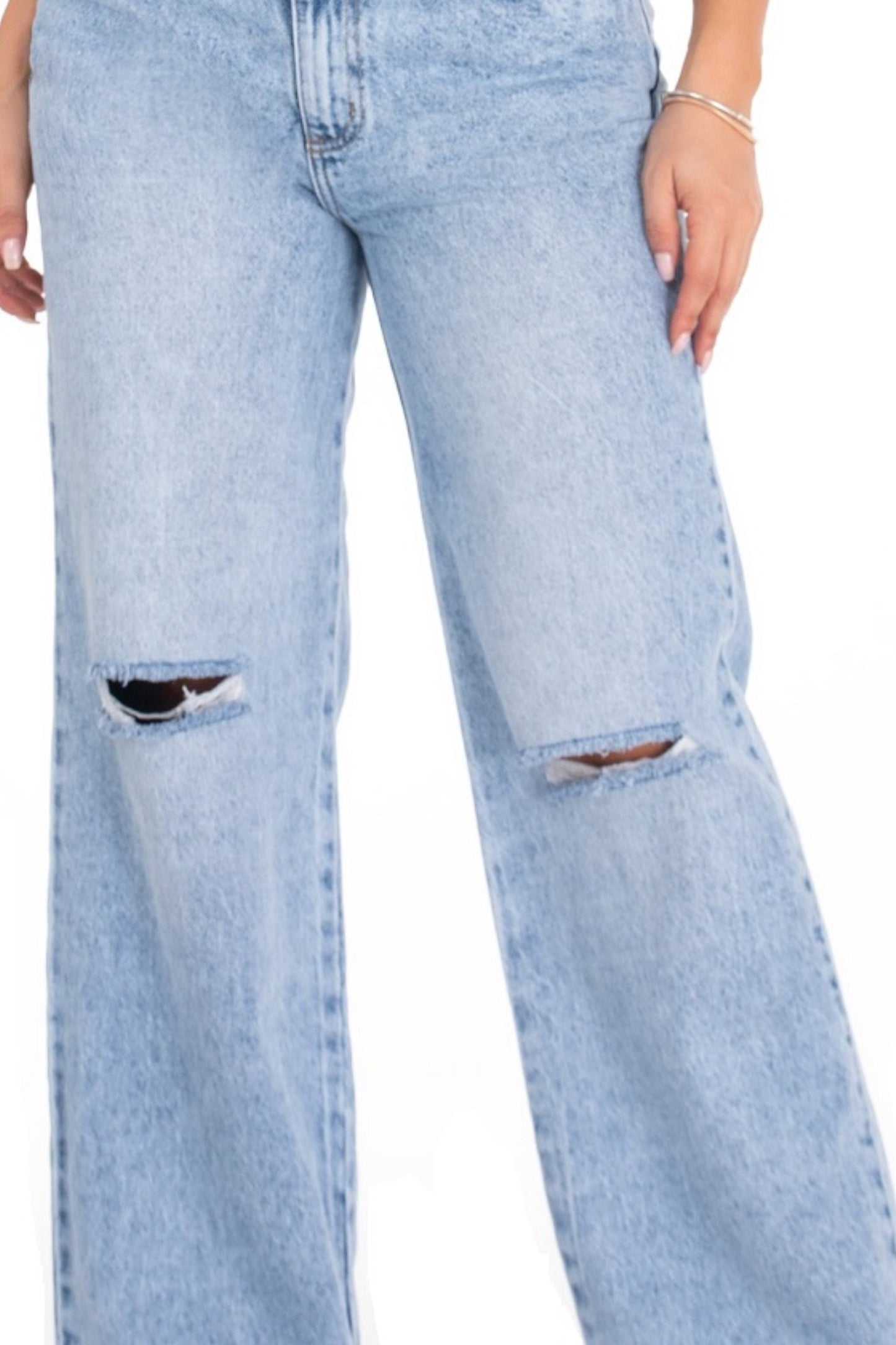 Jean Wide Leg Rigido Con Rotos Azul Claro REF 125231