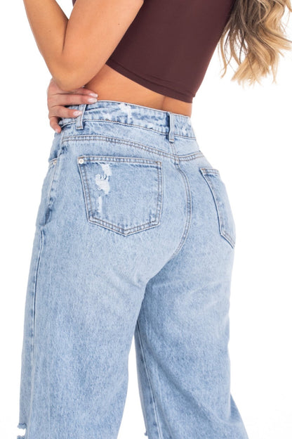 Jean Wide Leg Rigido Con Rotos Azul Claro REF 125231
