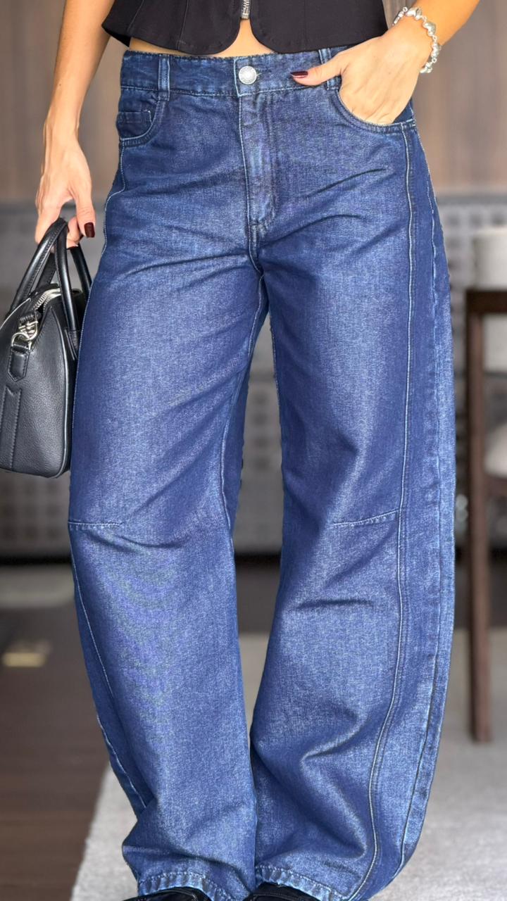 Jean Barrel Lurex Rígido Azul Oscuro