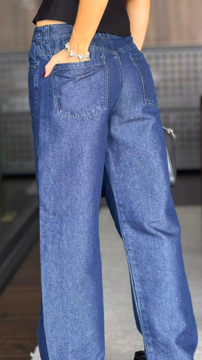 Jean Barrel Lurex Rígido Azul Oscuro